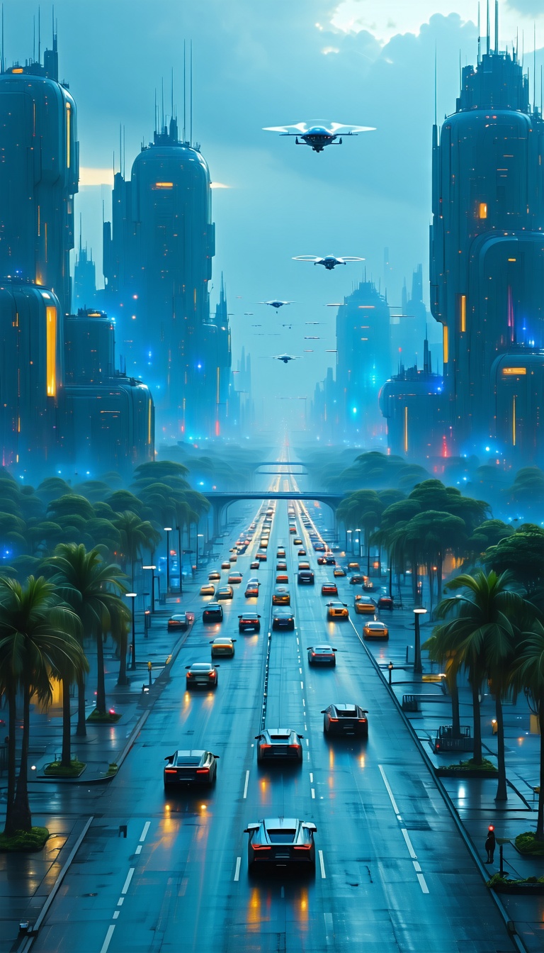 미래도시의 야경, 미래도시, 야경, 도로, 자동차, 드론, 건물