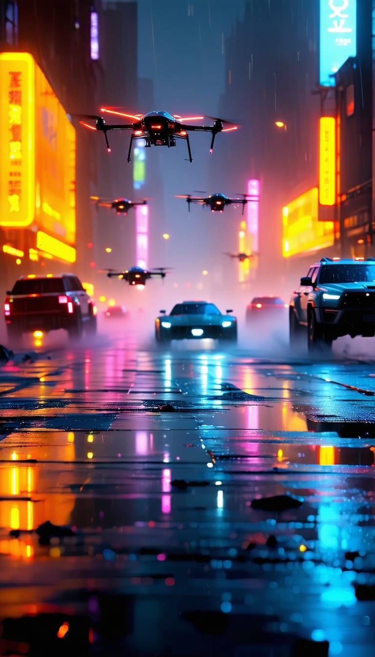 비오는 도시의 드론과 자동차들, 드론, 자동차, 도시, 밤, 비, 네온