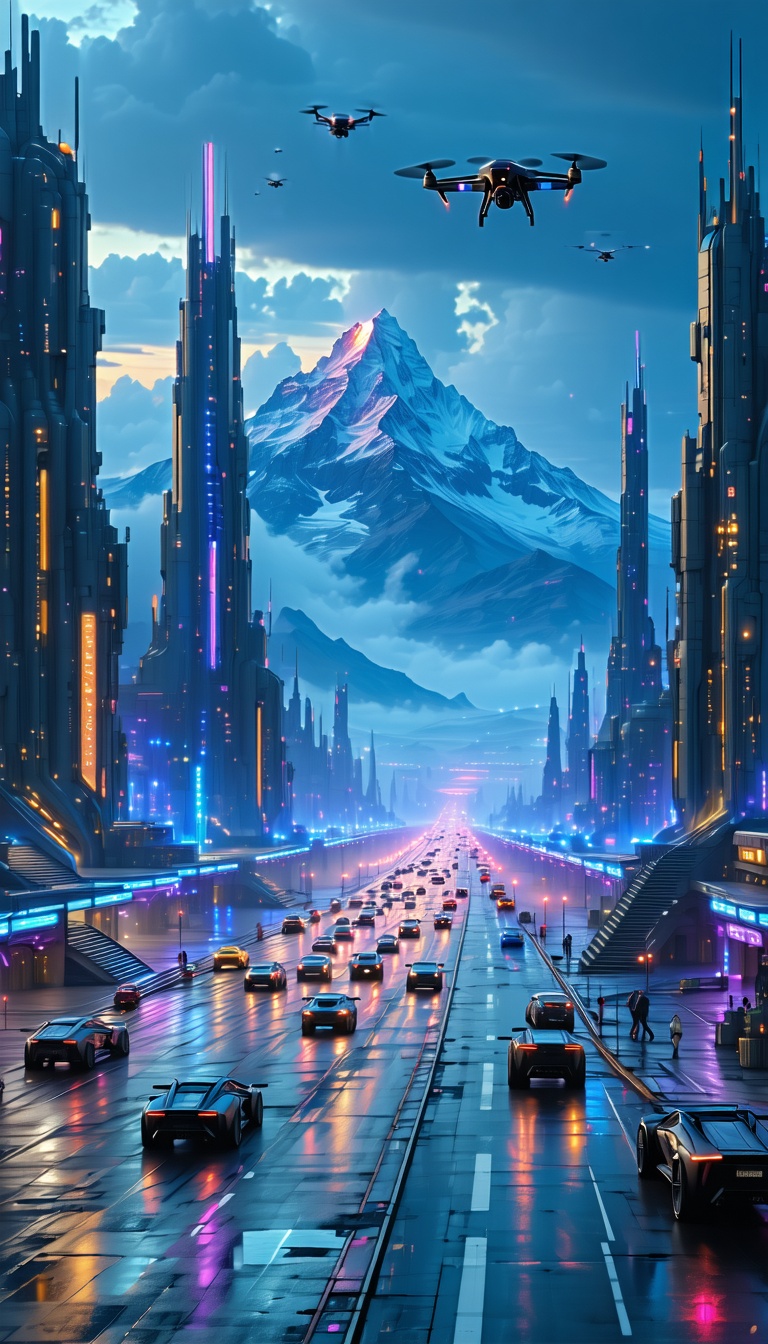 미래 도시의 야경과 드론, 미래도시, 야경, 드론, 첨단건축, 산맥, 디지털아트