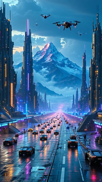 미래 도시의 야경과 드론