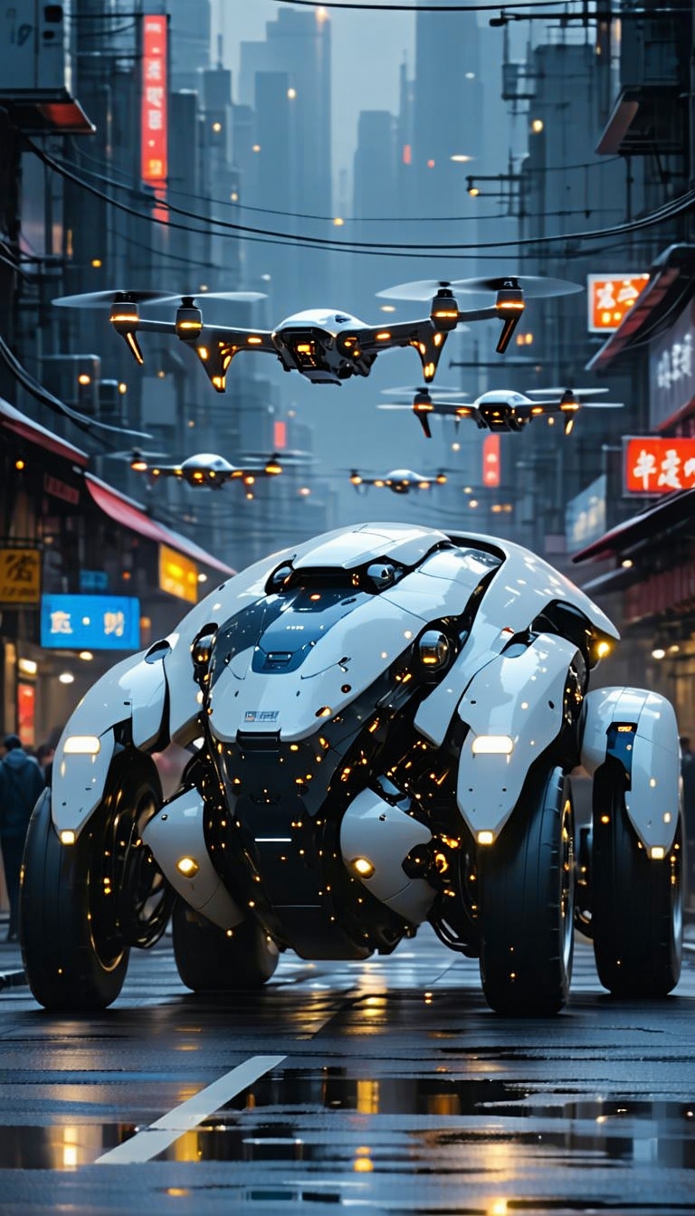 미래 도시의 자율주행 자동차, 미래도시, 자율주행, 자동차, 드론, SF, Sci-fi