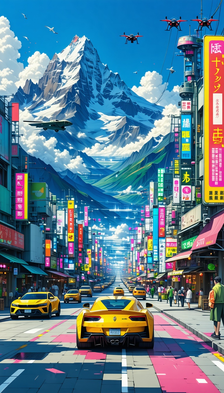 미래 도시와 눈 덮인 산, 미래도시, 산, 네온사인, 자동차, 드론, 비행선