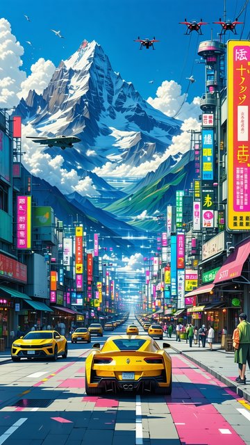 미래 도시와 눈 덮인 산