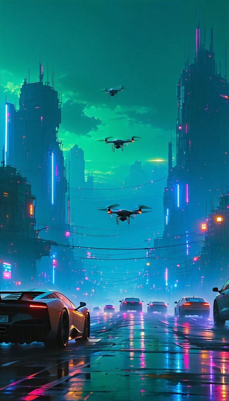 미래도시의 야경과 드론, 미래도시, 야경, 드론, 네온사인, 스포츠카, 디지털아트
