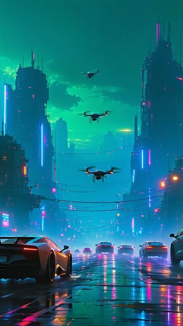 미래도시의 야경과 드론