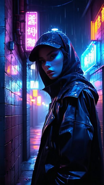 비오는 네온 거리의 여성