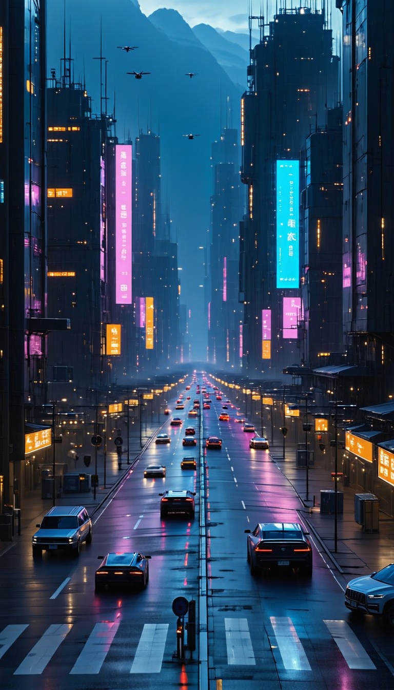 미래 도시 야경의 아름다움, 미래도시, 야경, 디지털아트, 네온사인, 도시풍경, Sci-fi