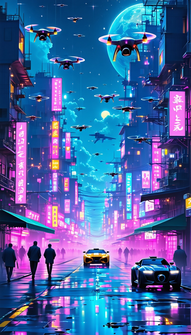 네온빛 미래 도시의 야경, 미래도시, 네온, 드론, 야경, 디지털아트, SF