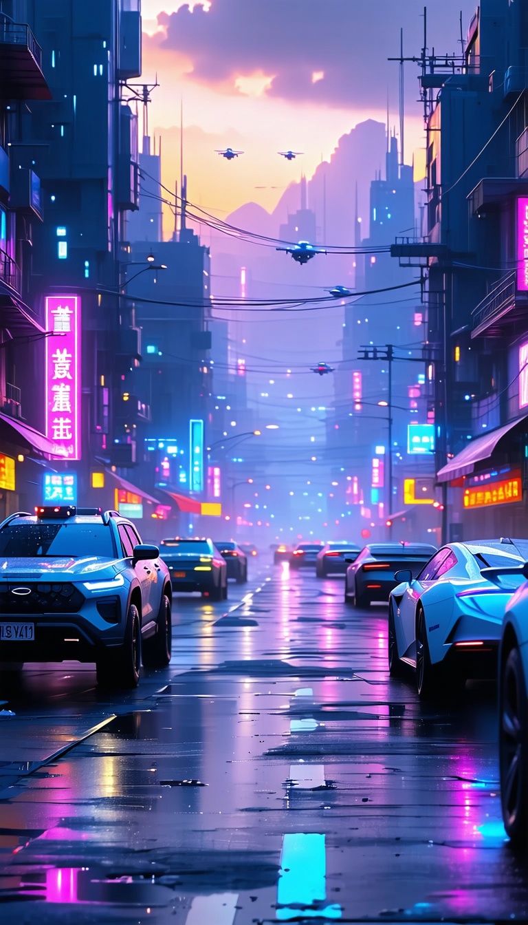 네온빛 미래 도시 거리 풍경, 미래도시, 네온사인, 밤거리, 비, 자동차, 드론