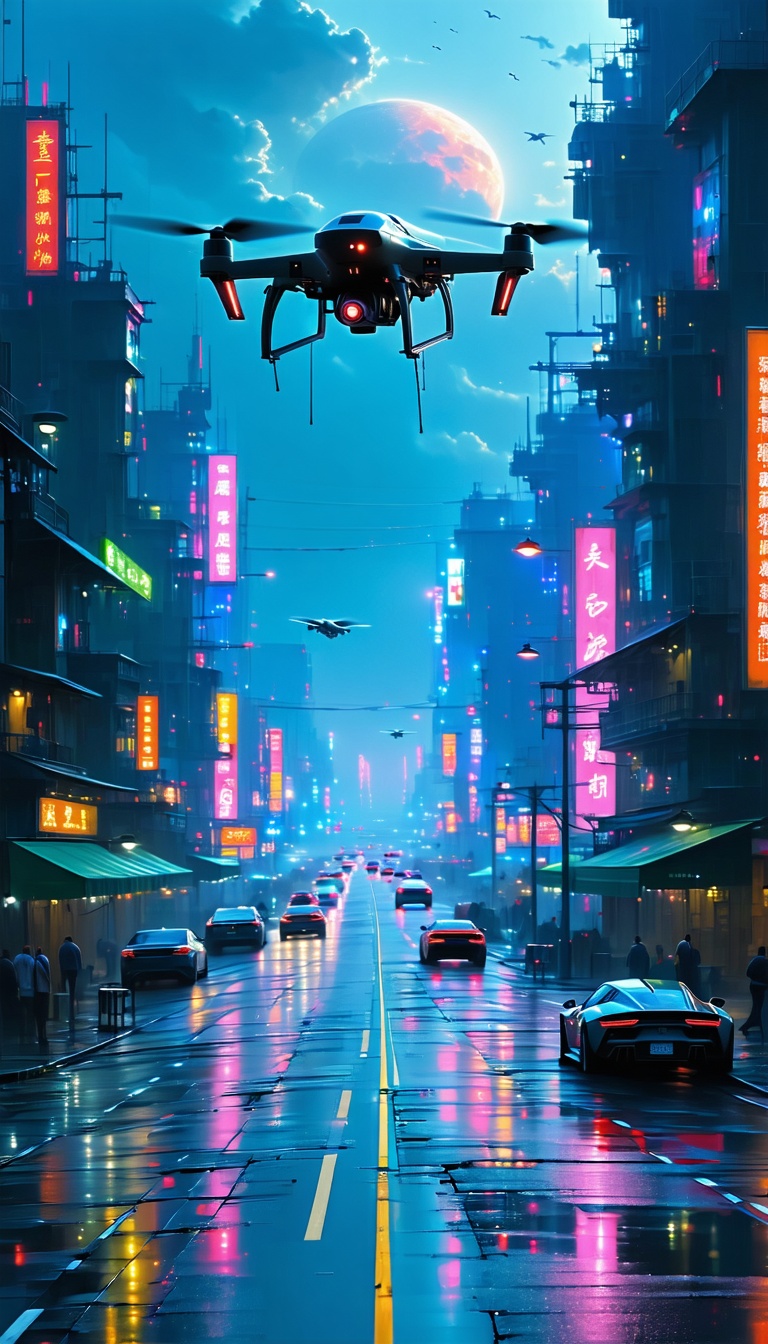 밤의 미래 도시 풍경, 미래도시, 밤, 드론, 네온사인, 비, 도시풍경