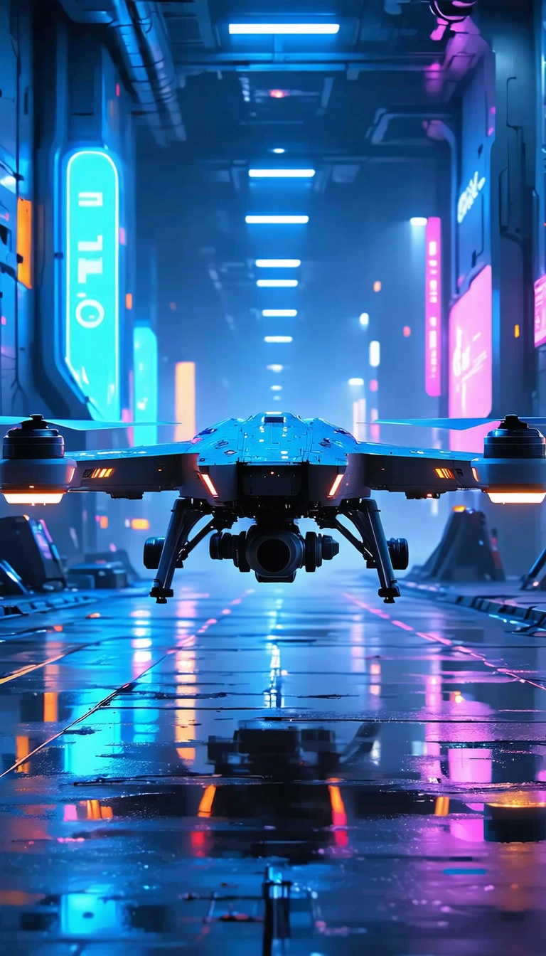 미래 도시를 비행하는 드론, 드론, 미래도시, 네온, 디지털아트, SF, Cyberpunk