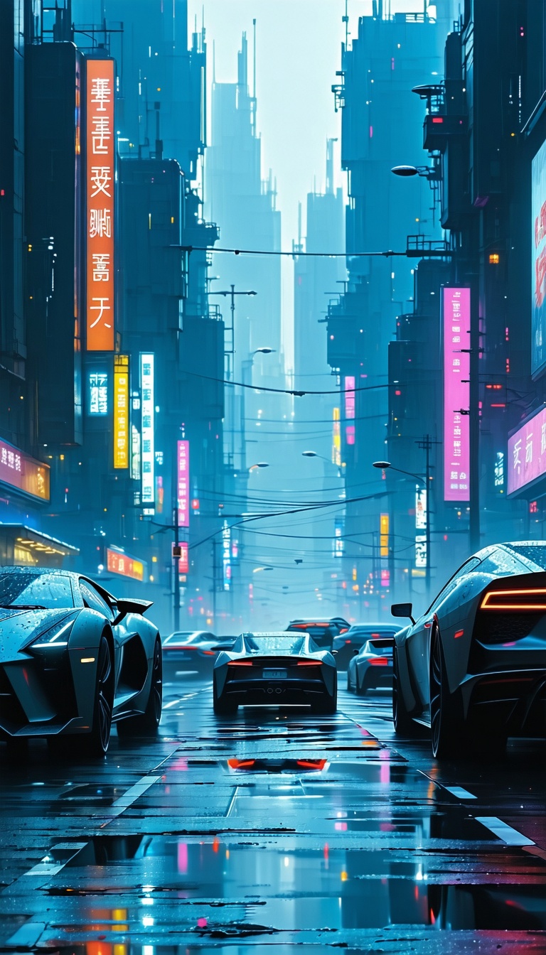 비오는 날의 미래 도시 거리, 미래도시, 스포츠카, 네온사인, 비, 밤, 도시풍경
