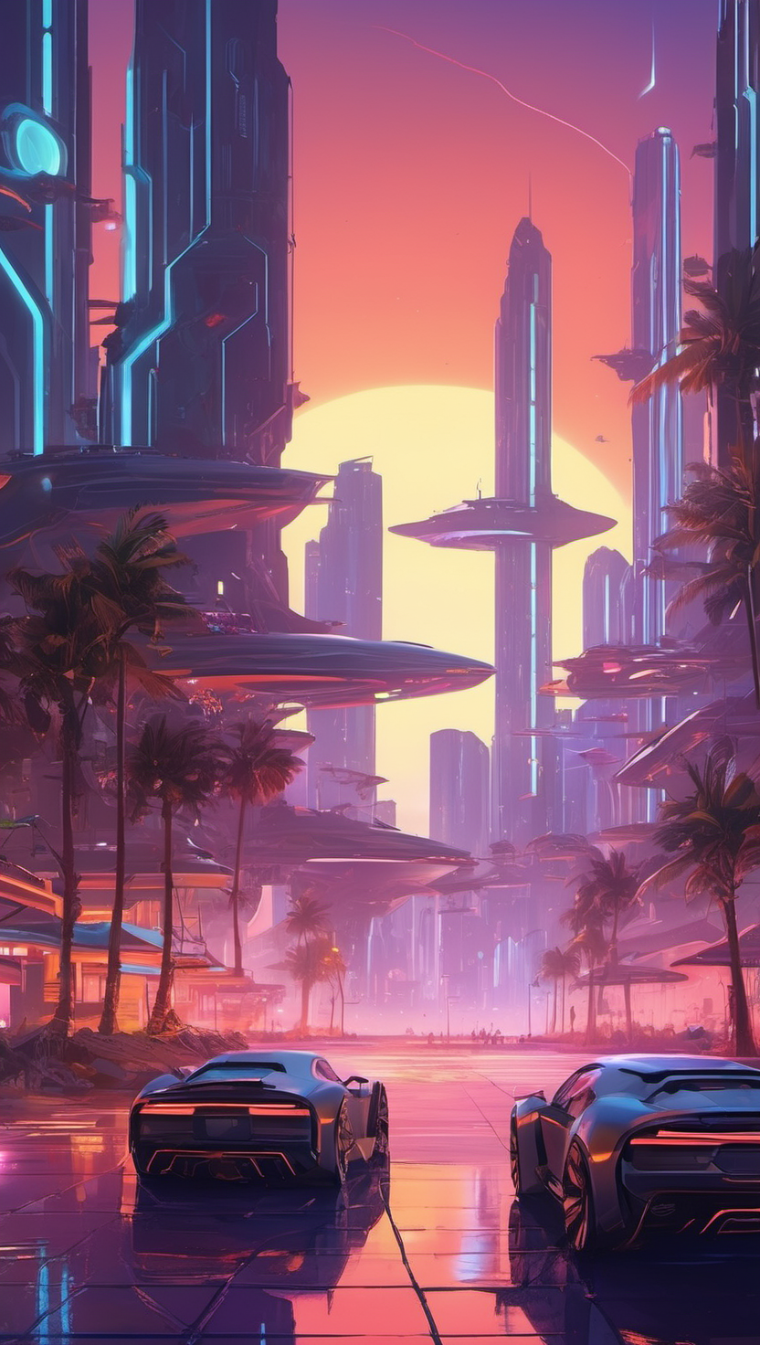 황홀한 사이버펑크 도시의 황혼, 미래 도시, 사이버펑크, 레트로퓨처리즘, 네온, 일몰, 스포츠카