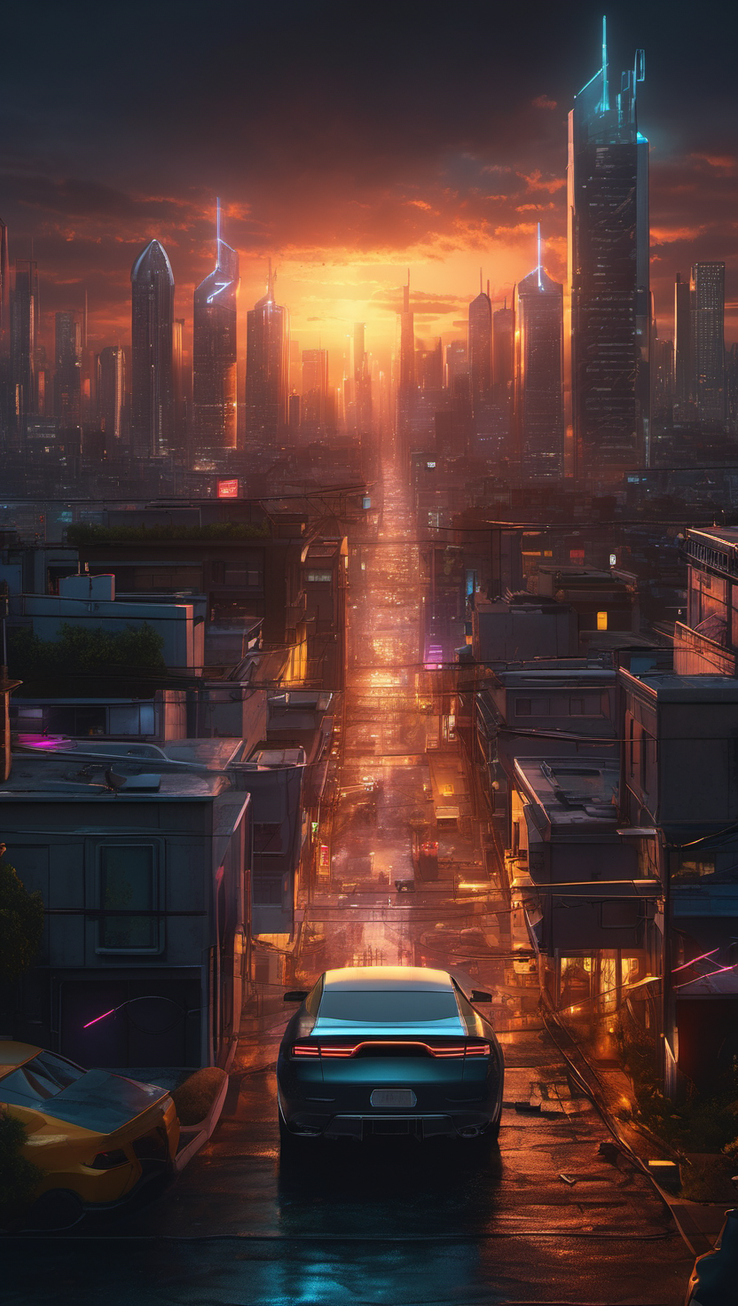 미래 도시 황혼 속 드라이브, 미래 도시, 사이버펑크, 석양, 도시 풍경, 자동차, 네온 라이트