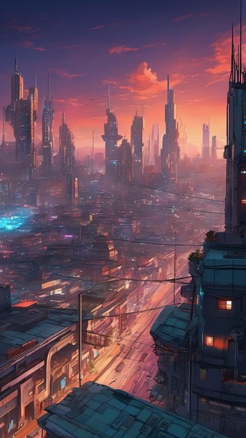 거대 미래 도시의 황홀한 노을