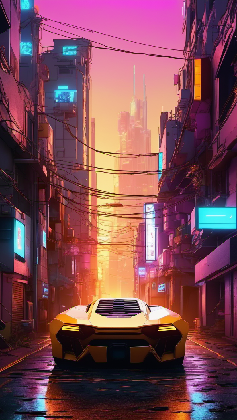 네온 도시의 미래형 슈퍼카, 미래 도시, 사이버펑크, 슈퍼카, 네온, 황혼, 젖은 도로