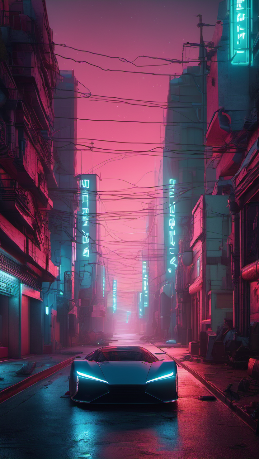 네온 도시의 미래형 자동차, 사이버펑크, 미래 도시, 네온사인, 스포츠카, 야경, 핑크빛 하늘