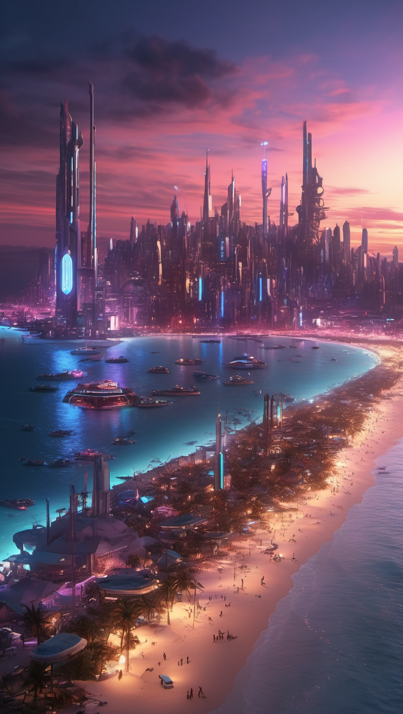 네온빛 미래 도시 해변의 황혼, 미래도시, 해변, 노을, 사이버펑크, 야경, Futuristic