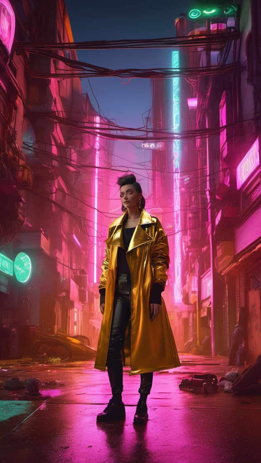 네온 도시 속 황금 코트: 사이버펑크 스타일, 사이버펑크, 네온, 황금 코트, 도시 거리, 미래적, 핑크빛