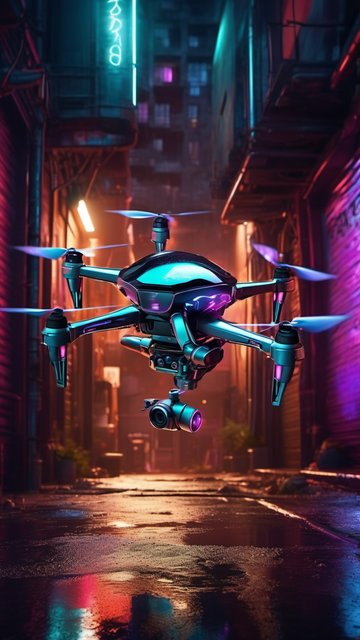 네온 도시 골목의 미래 드론