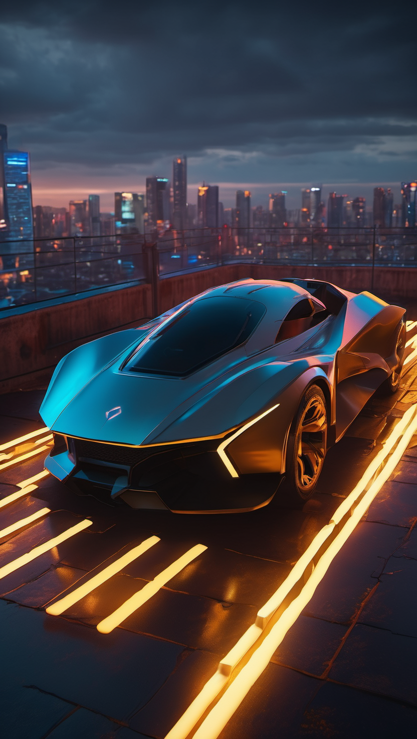 미래형 스포츠카와 도시 야경, 미래 자동차, 컨셉카, 스포츠카, 도시 야경, 루프탑, 사이버펑크