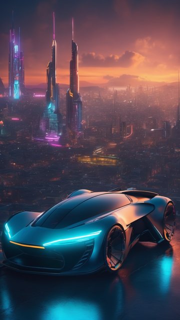 황혼 속 미래 도시의 스포츠카
