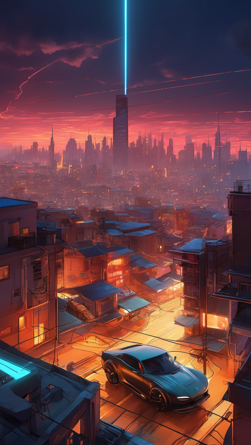 Neon City Glow: Futuristic Car & Sky Beam, 사이버펑크, 미래도시, 네온, 스포츠카, 황혼, 푸른 빛