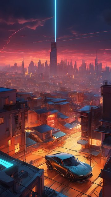 Neon City Glow: Futuristic Car & Sky Beam