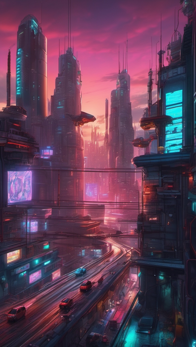 네온빛 미래 도시: 사이버펑크 황혼, 미래도시, 사이버펑크, 네온사인, 고층빌딩, 비행차, 황혼