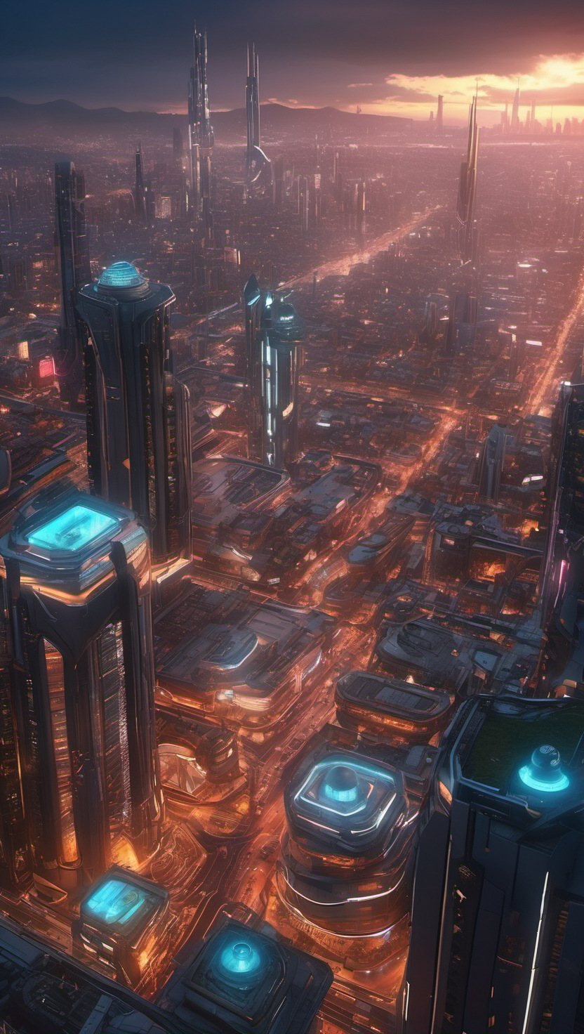 황혼녘 미래 도시 스카이라인, 미래도시, Cyberpunk, 야경, 스카이라인, 첨단건축, 황혼