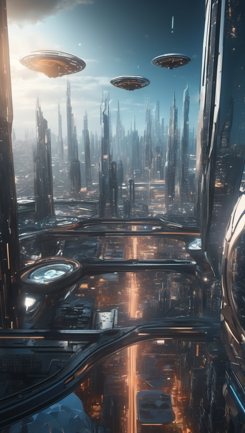 미래 도시의 비행선과 초고층 빌딩, 미래 도시, Sci-Fi, 초고층 빌딩, 비행선, 미래 건축, 공상과학