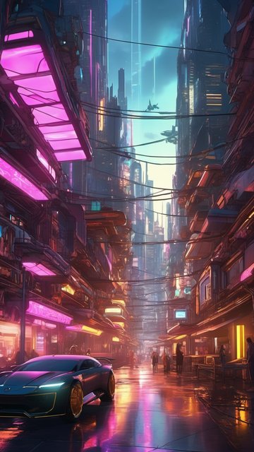 네온빛 미래 도시의 밤거리와 스포츠카