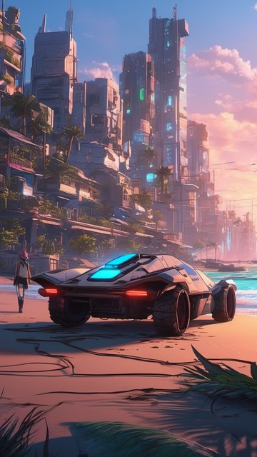 미래 도시 해변의 황혼