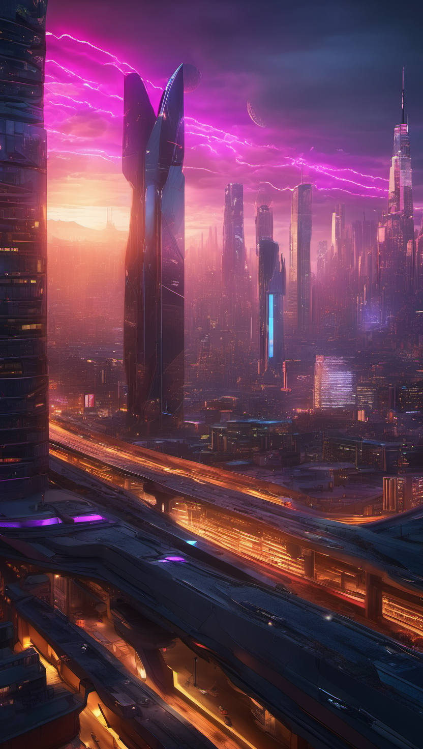 네온빛 미래 도시의 황혼, 미래 도시, Cyberpunk, 네온 불빛, Sci-fi, 도시 경관, Purple sky