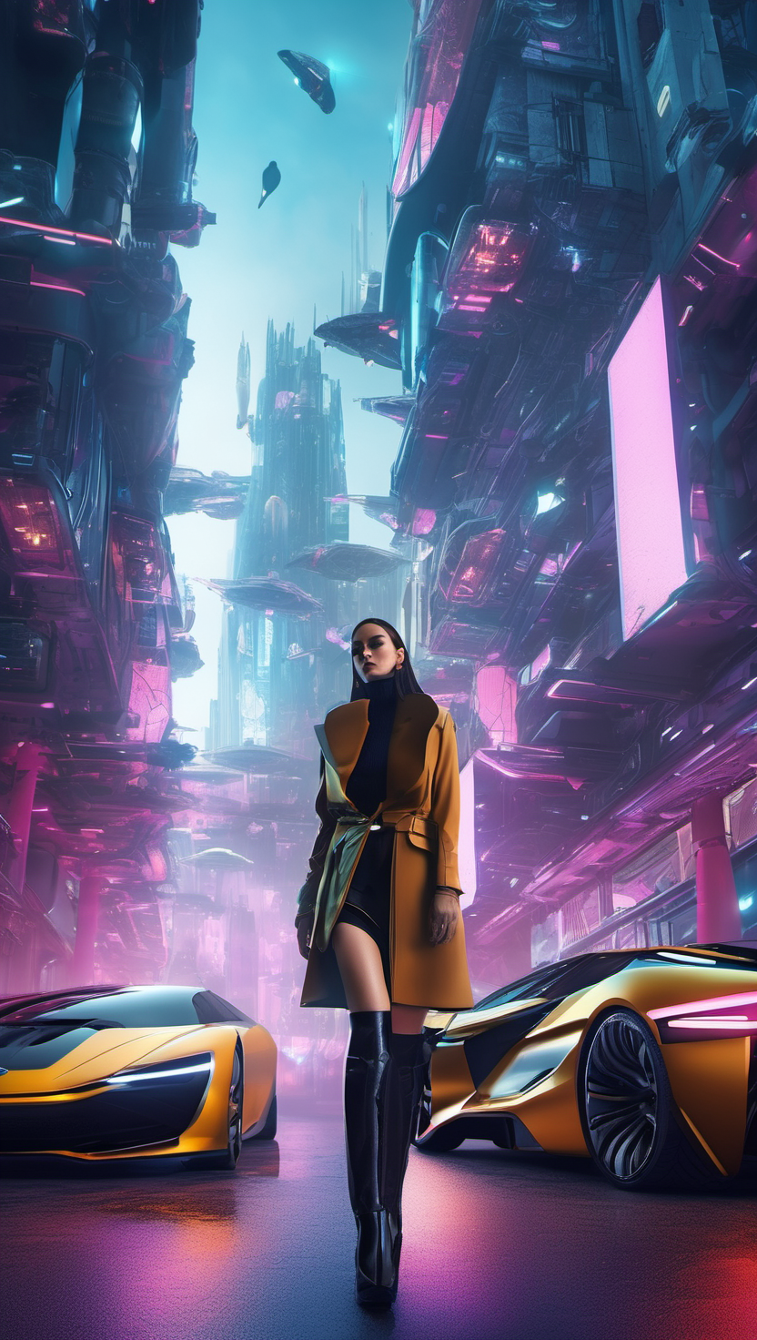 미래 도시 속 스타일리시한 여인, 사이버펑크, 미래도시, 네온, 스포츠카, 여인, 공상과학