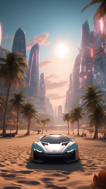 황혼의 미래 도시와 해변 슈퍼카