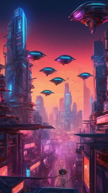 네온 불빛의 미래 도시와 비행선