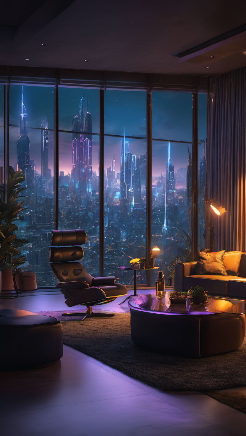 미래 도시 야경 펜트하우스 거실, 미래도시, 야경, 사이버펑크, 네온사인, 고급인테리어, 모던