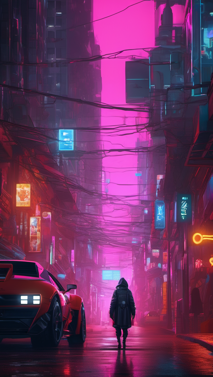 네온 도시의 밤: 사이버펑크 스트리트, 사이버펑크, 네온사인, 미래도시, 밤거리, 핑크빛, 스포츠카