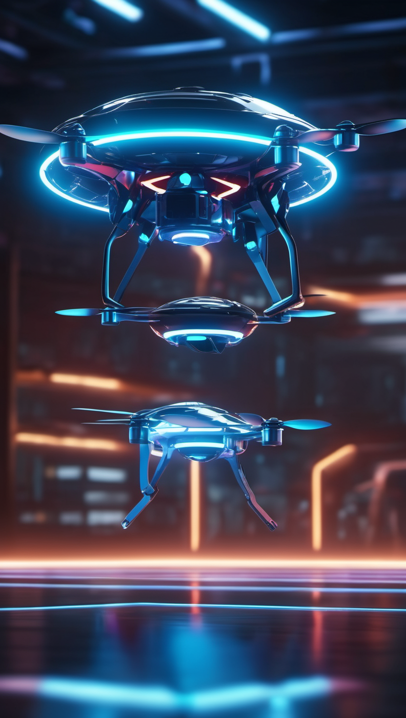 미래형 네온 드론 편대, 드론, 미래 기술, 네온, 하이테크, UAV, 파란색 조명