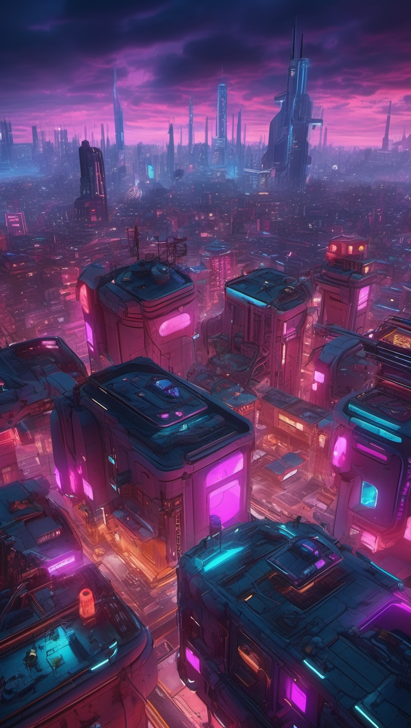 네온빛 미래 도시 풍경, 미래 도시, 사이버펑크, 네온 라이트, 야경, 고층 빌딩, SF