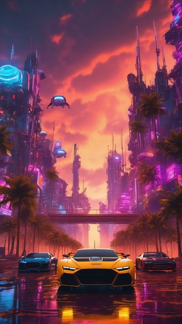 미래 도시의 황혼, 네온과 스포츠카