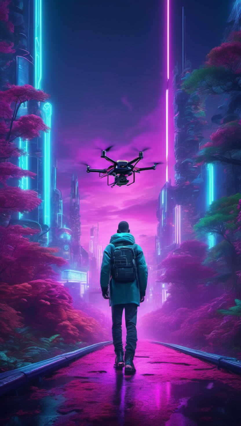 미래 도시의 보라빛 산책, 미래도시, 사이버펑크, 네온사인, 드론, 보라색, 환상적