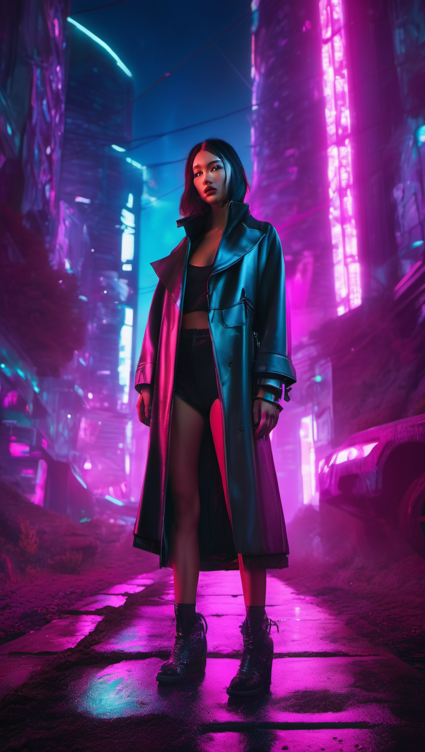 네온 불빛 아래 사이버펑크 여인, 사이버펑크, 네온사인, 미래도시, 밤거리, 여성, Trench coat