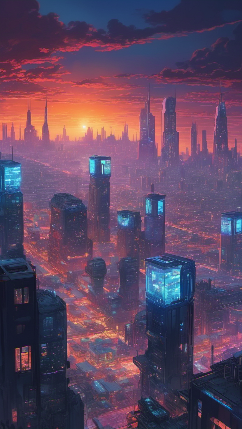 석양의 사이버펑크 메트로폴리스, 사이버펑크, 미래도시, 석양, 네온, 고층빌딩, 황혼