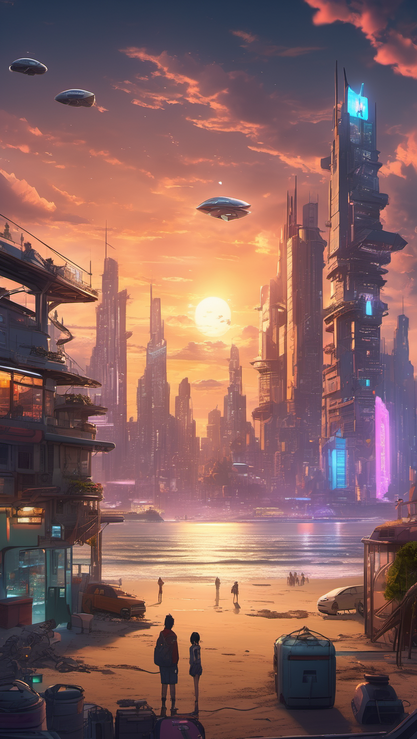황혼의 미래 도시: 해변과 비행선, 미래 도시, 황혼, 해변, 비행선, 고층 빌딩, SF