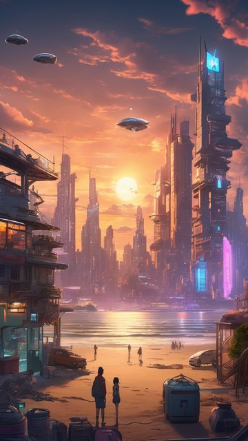 황혼의 미래 도시: 해변과 비행선