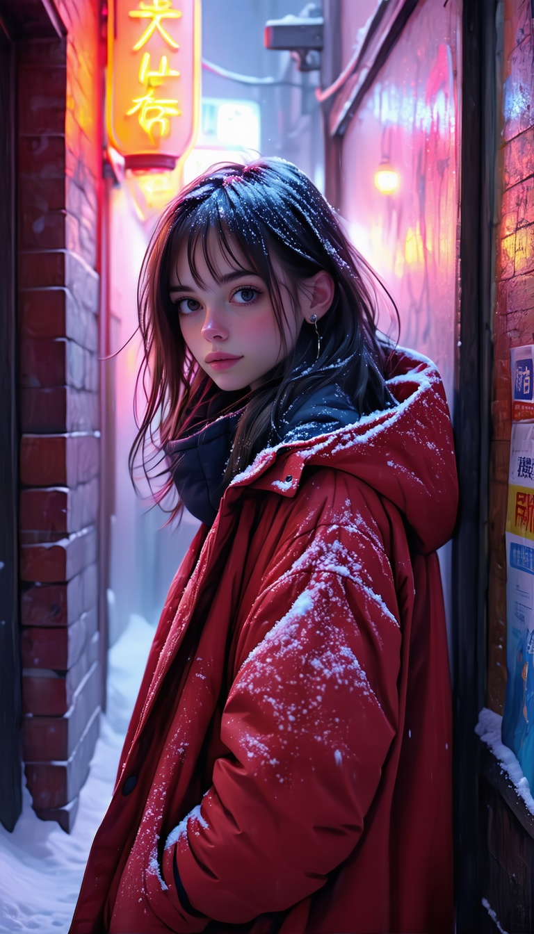 눈 내리는 골목길의 소녀, 눈, 소녀, 골목길, 겨울, 일러스트, 네온사인