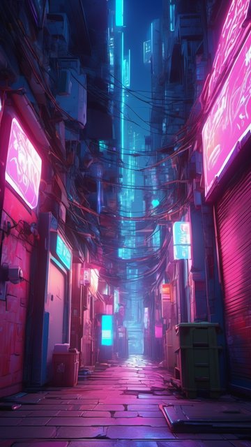 네온 불빛 가득한 사이버펑크 골목길