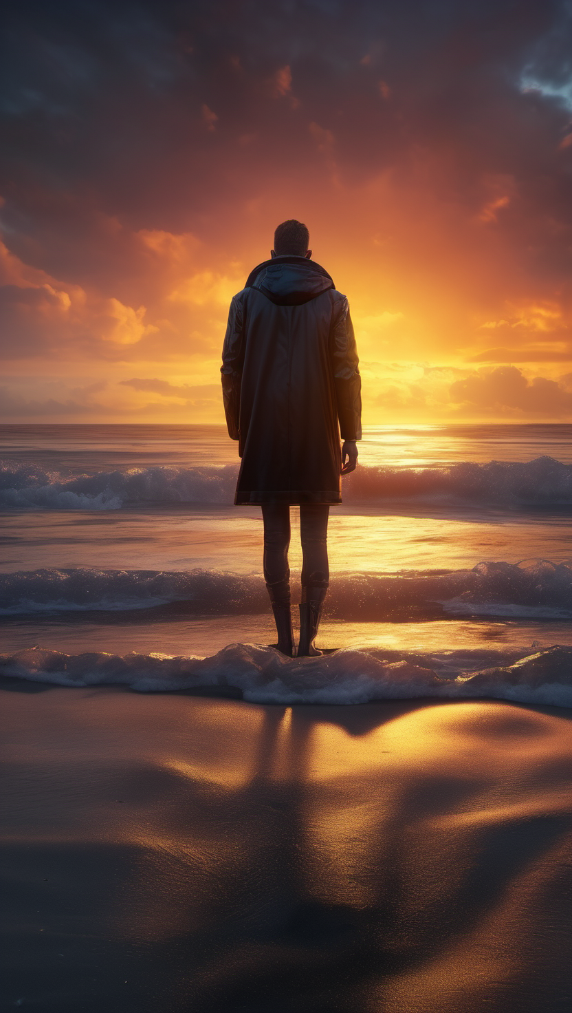 석양 바다 위 고독한 뒷모습, 석양, 바다, 뒷모습, 해변, 고독, 파도